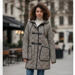 NWT $180 DKNY Women's Hooded Toggle Quilted Coat Color Plaid Small